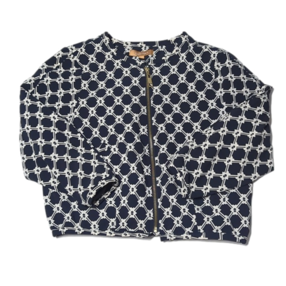 ELLEN Tracy Womens Blazer Navy White Patterned Collarless Zip Up Jacket Career S